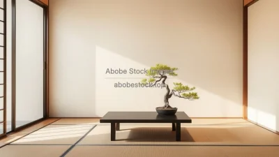 Minimalist Japanese inspired room with single bonsai on low table