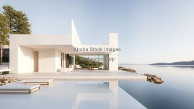 Minimalist lakeside house with pure white forms