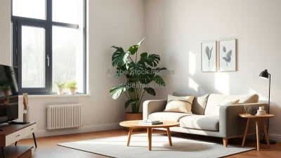 Minimalist living room with large monstera plant by the window