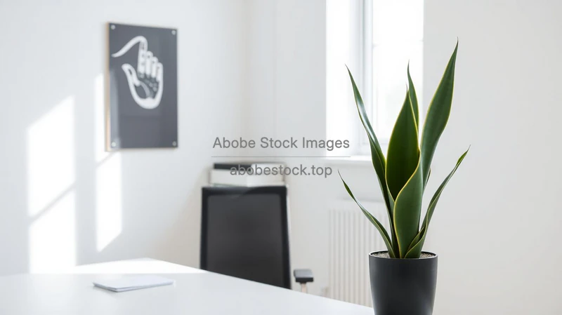 Minimalist office with single tall sansevieria plant