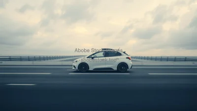 Minimalist white autonomous car on an empty futuristic highway cloudy sky