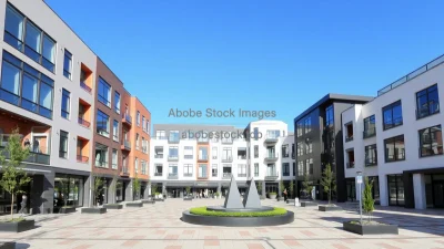 Mixed-use modern plaza with geometric blocks