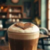 Mocha latte with cocoa powder heart on foam