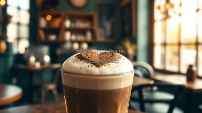 Mocha latte with cocoa powder heart on foam