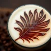 Mocha with artistic chocolate feather design on foam