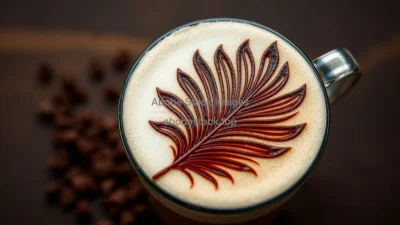 Mocha with artistic chocolate feather design on foam