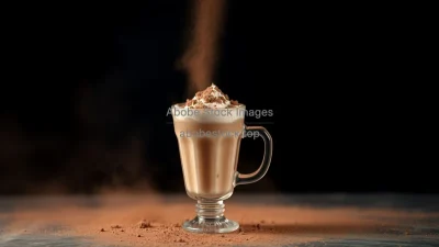 Mocha with cocoa powder dust in mid-air