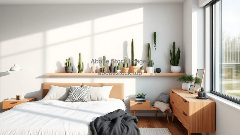 Modern bedroom with cactus collection on floating shelf