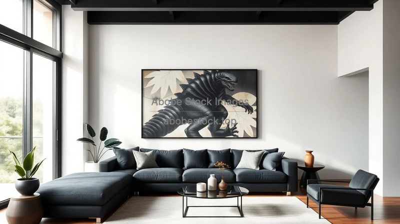 Modern living room with black sofa