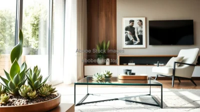 Modern living room with glass coffee table and low succulent arrangement