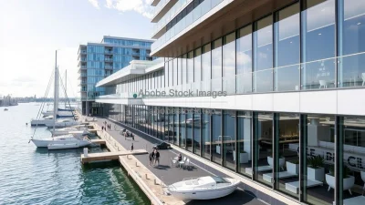 Modern marina building with glass waterfront views