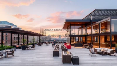Modern rooftop lounge building with open glass sides