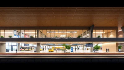 Modern transportation hub with layered spaces