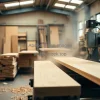 Modern woodworking factory with CNC routers cutting wooden boards sawdust in the air warm lighting