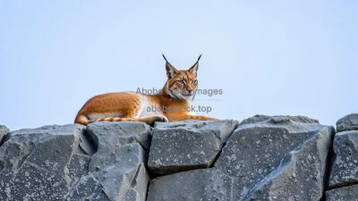 Mountain lynx resting on rocky ledge