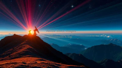 Muons raining through atmosphere with detectors on mountain top cosmic ray physics visualization