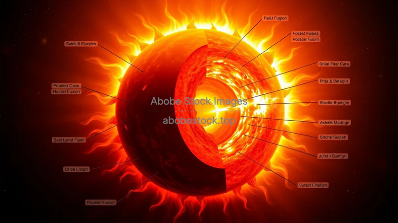 Nuclear fusion in the Sun core cutaway view layers labeled educational star physics illustration