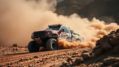 Off road rally truck roaring through a rocky desert cloud of dust