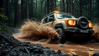 Off road SUV driving through muddy forest trails splashing water high detail action shot