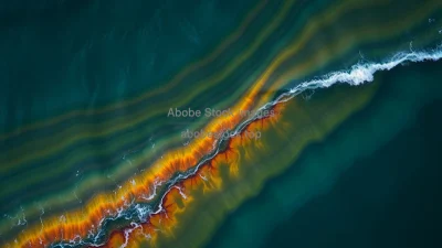 Oil slick rainbow patterns on ocean waves dark moody top down view