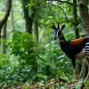 Okapi standing in dense rainforest