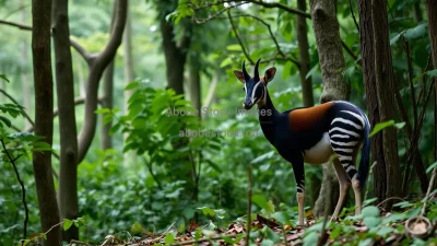 Okapi standing in dense rainforest