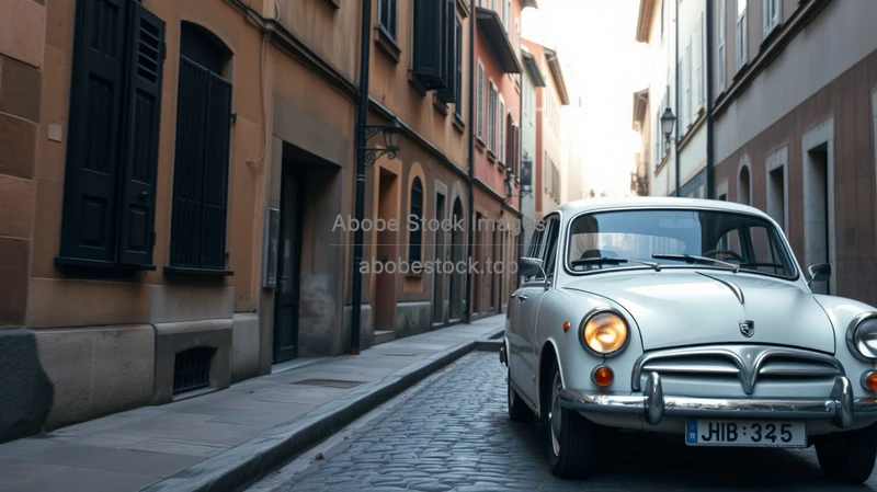 Old European car in a narrow cobblestone street with historic buildings around soft morning light