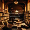 Old library filled with dusty physics books warm golden light vintage academic atmosphere