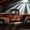 Old pickup truck parked in a dusty barn sunbeams through wooden planks