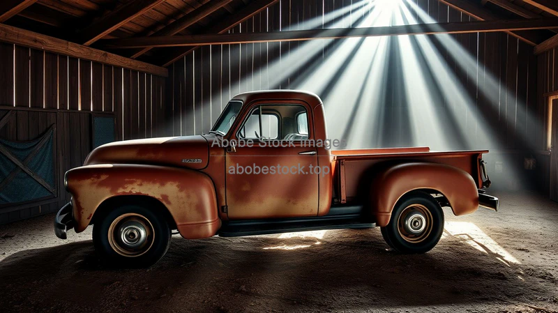 Old pickup truck parked in a dusty barn sunbeams through wooden planks
