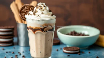 Oreo cookie coffee frappe with whipped cream and cookie crumble