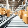 Packaging plant with cardboard boxes moving rapidly on conveyor systems motion blur dynamic composition