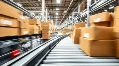 Packaging plant with cardboard boxes moving rapidly on conveyor systems motion blur dynamic composition