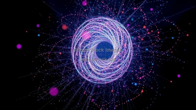 Particle track spirals in a magnetic field on dark background vivid colors bubble chamber style