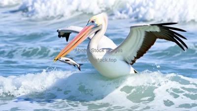 Pelican catching fish in ocean waves