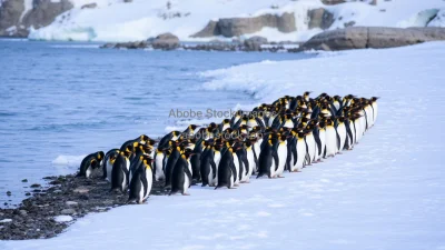 Penguin colony on icy shoreline