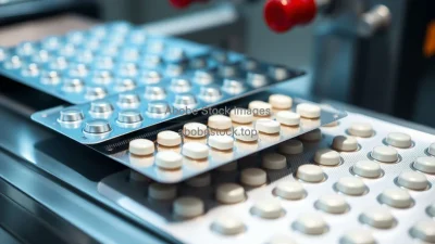 Pharmaceutical blister packaging line with pills being sealed into packages shiny materials clinical look