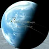 Photorealistic view of Earth from Moon with trajectories of Apollo missions drawn thin lines