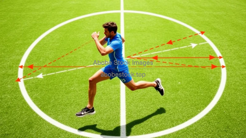Physics of sports visualized with trajectory arrows and force diagrams around an athlete mid action