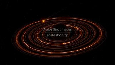 Planetary orbits around a star shown as glowing tracks in 3d dark interstellar background