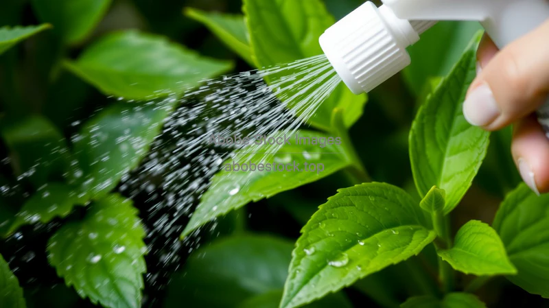 Plant care scene with misting bottle spraying leaves