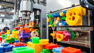 Plastic injection molding factory with machines ejecting colorful plastic components glossy surfaces high detail