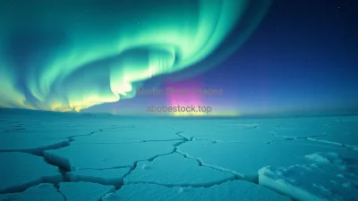 Polar lights over a severely cracked ice sheet wide angle astronomy and climate mix