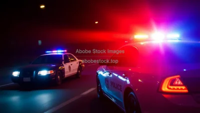 Police patrol car with flashing lights chasing another vehicle at night cinematic scene