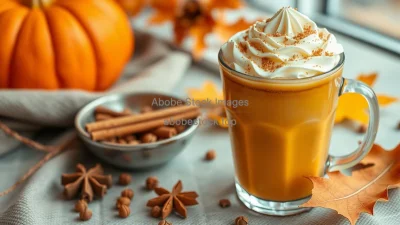Pumpkin spice latte with whipped cream and autumn spices