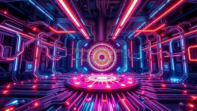 Quantum computer core emitting neon lights intricate circuitry futuristic physics research center