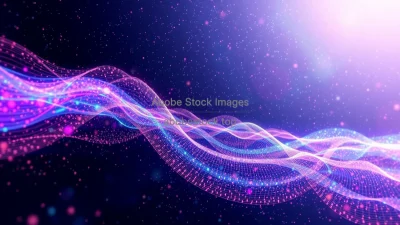 Quantum field fluctuations depicted as colorful waves in empty space abstract scientific art