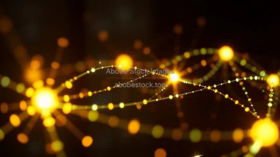 Quantum teleportation experiment conceptual art with separated entangled particles glowing links