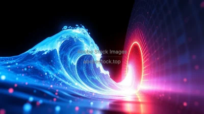 Quantum tunneling visualized as a wave passing through a barrier glowing energy field concept