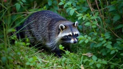 Raccoon dog exploring underbrush